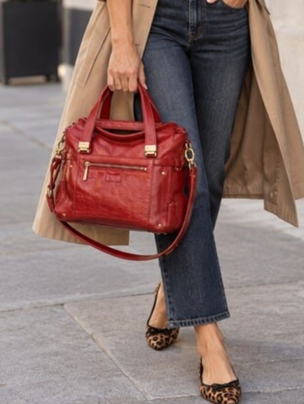 Gryson Tutu Cerise Red Leather Satchel Shoulder Bag Colorblock